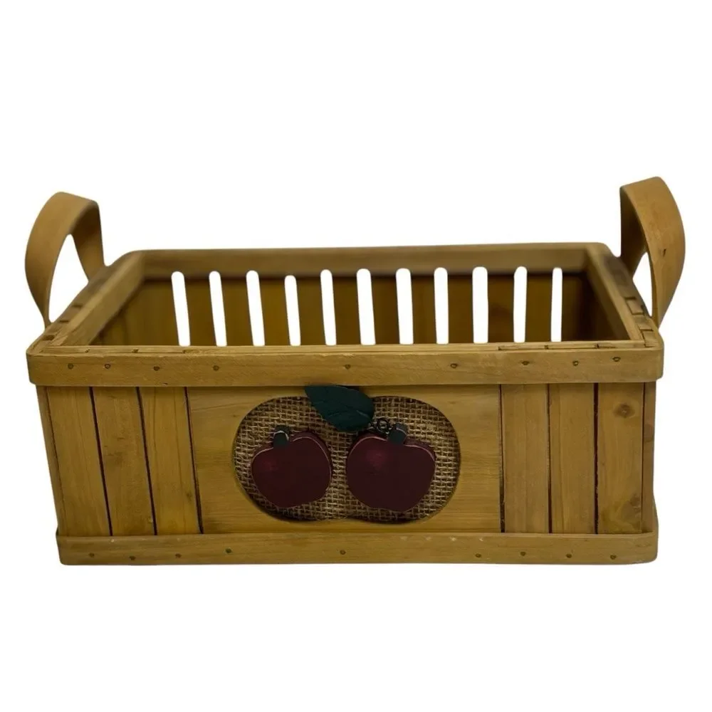 Rustic Wooden Basket with Apple Design